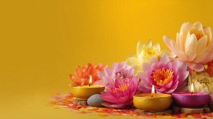 Siddhartha Festival, Close-up of Siddhartha Festival offerings, lotus flowers, incense, and candles arranged beautifully, golden yellow to pink gradient background, Ai generated images