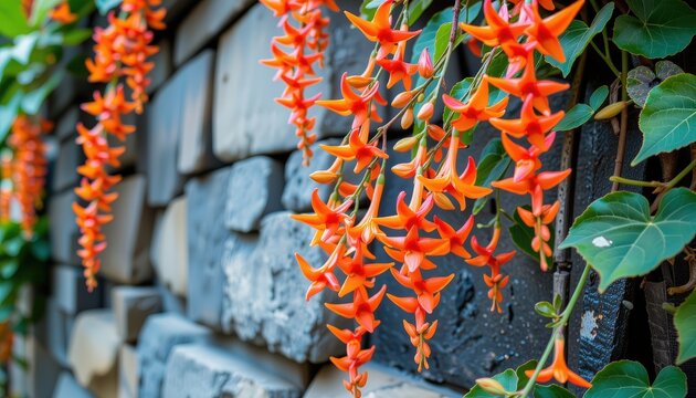 a cinematic shot of the flame vine (pyrostegia venusta), taken with a 70 200mm telephoto lens, f/3