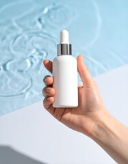 Hand holding a white serum bottle over shimmering blue water. Ideal for beauty, skincare, and summer product promotions.