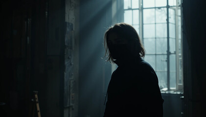Mysterious Woman in Mask Standing Near Window in Dark Moody Room