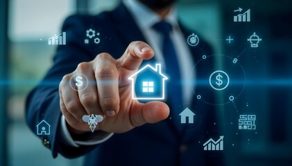 Fototapeta premium Smart Home Management Man Interacting with Property Technology Interface