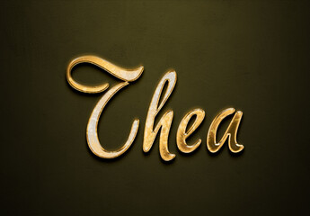 Old gold text effect of name Thea with 3D glossy style Mockup.