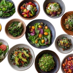 Variety of delicious salads isolated on white background