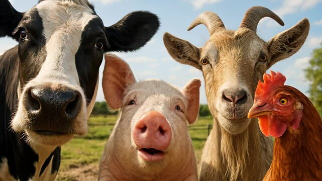 Close-up, eye-level shot of farm animals--cow, pig, goat, chicken--posing together, creating a friendly, playful video thumbnail concept.