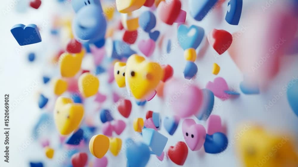 Poster whimsical 3d animation of floating colorful hearts and geometric shapes, seamless loop