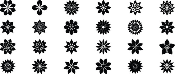 Black flower vector collection, floral icon silhouettes, geometric petal patterns, decorative ornament shapes