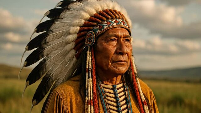 Portrait of a man in traditional attire with feathered headdress, captured at eye level. The video style evokes a historical and cultural essence.