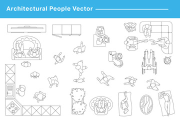 CAD Drawings. Set people outlines isolated on grey background. Sitting, walking. Top view. Vector illustration.	