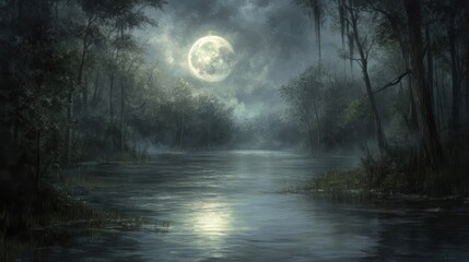 Full Moon over a Misty Swamp River at Night