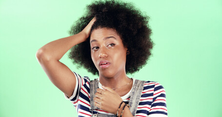 Confused, remember and thinking with black woman on green background for hangover recovery. Afro,...