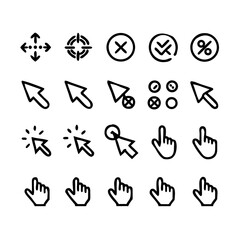 A collection of vector web icons and symbols for business, internet, and communication interface design including arrows, buttons, mail, hand pointers, and computer elements