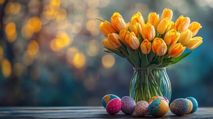 radiant yellow tulips in a crystal vase paired with beautifully decorated easter eggs exude warmth and springtime cheer against a softly blurred bokeh background