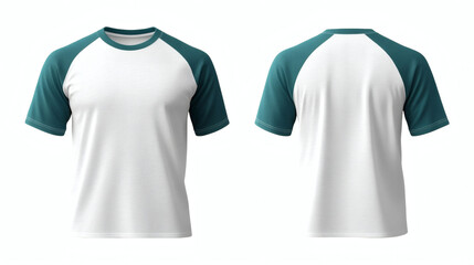 Plain White body and green raglan short sleeve t-shirt 3D mockup showcasing front and back views for apparel design presentation on white background