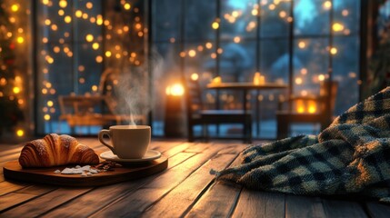 Cozy winter cafe scene with coffee and pastries.  Warm lights,  cozy blanket, and snow outside