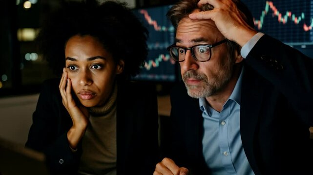 A dramatic video scene with a close-up angle shows two people in shock, focusing on financial charts in a dimly lit office setting.