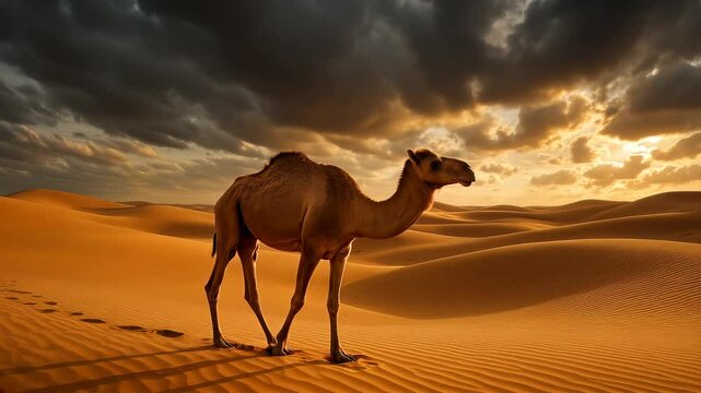 A camel walks across sunlit dunes under dramatic clouds. Captured from a low angle, this scene evokes a cinematic video feel of desert exploration. Live desktop wallpaper.