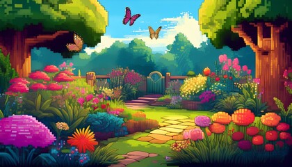 pixel art illustration of colorful garden with flowers and butterflies