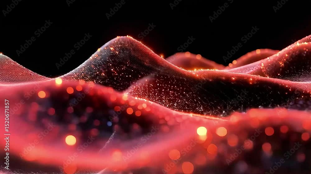 Poster crimson particle waves: abstract animated landscape