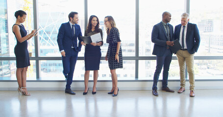 Business people, waiting room or team in preparation for corporate interview or career migration. Diversity, group or employees in line or discussion with application for job opportunity at workplace