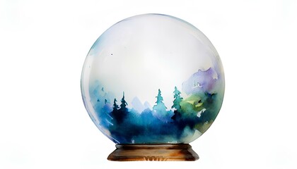 trees watercolor in glass ball on white background