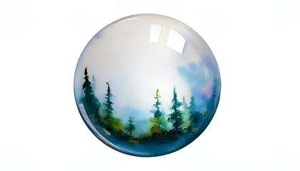 trees watercolor in glass ball on white background