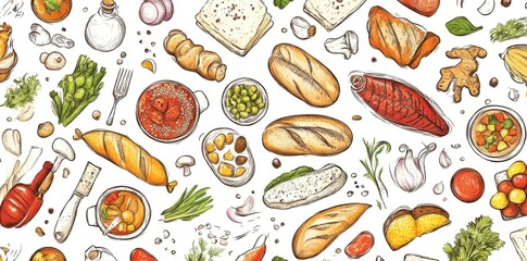 Fresh Ingredients and Delicious Food Composition, an Artistic Food Illustration