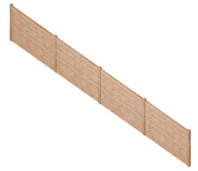 Uniform Slatted Wood Fence: A 3D render showcasing multiple sections of a light-colored wooden fence with consistently spaced horizontal slats, presented from an isometric top-down perspective.