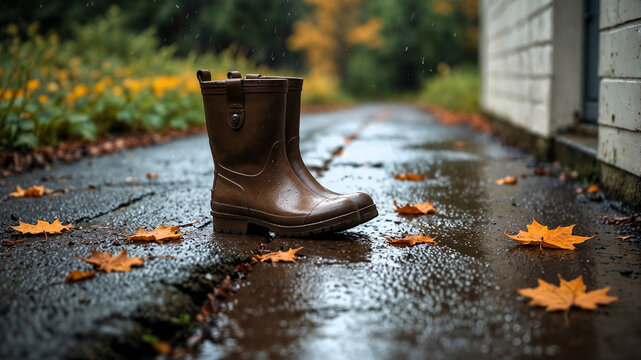 Brown rubber boot on wet pavement surrounded by autumn leaves  