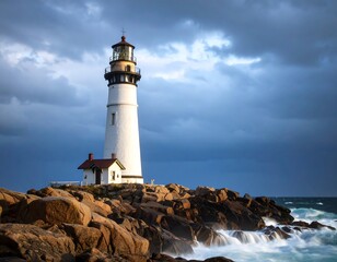 Obraz premium Lighthouse on rocky coast at sunset