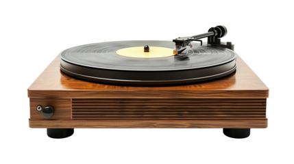 Old retro audio technology: isolated vintage gramophone and vinyl record on transparent background. PNG