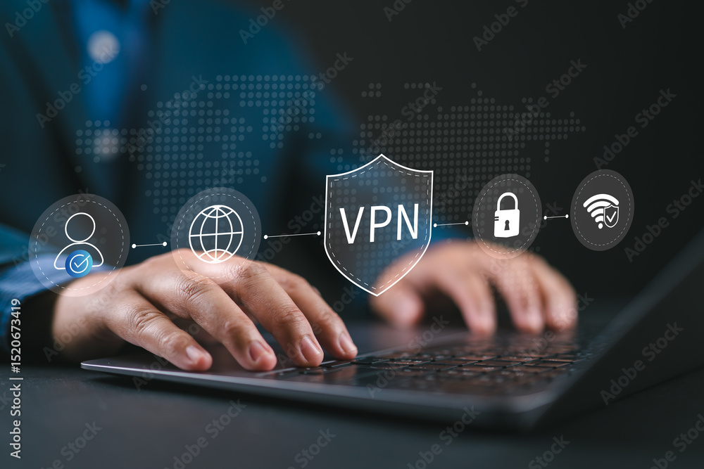 Poster Man hands typing on laptop with virtual VPN shield icon, representing internet security, privacy protection, anonymous browsing, secure network connection, and cyber safety.