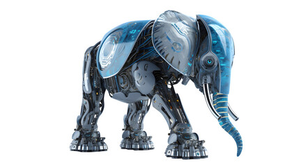Mechanical elephant with blue accents standing on a black background in a studio setting