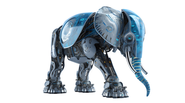 Mechanical elephant with blue accents standing on a black background in a studio setting