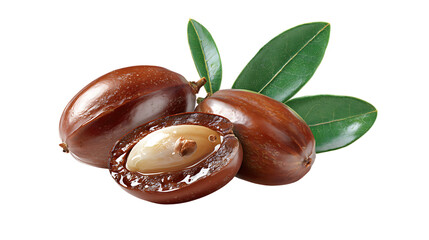 Three jojoba nuts with leaves on a transparent background isolated in PNG