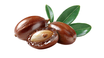 Three jojoba nuts with leaves on a transparent background isolated in PNG