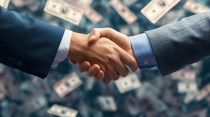 Business handshake between two professionals symbolizes successful financial agreement, with money floating in background, indicating prosperity and investment opportunities