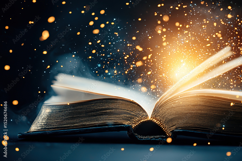 Poster open book with glowing pages and magical sparks emanating from it, creating mystical and enchanting 