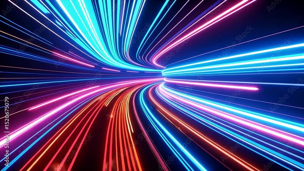 Poster abstract light speed tunnel with glowing neon lines, digital technology background for data transfer