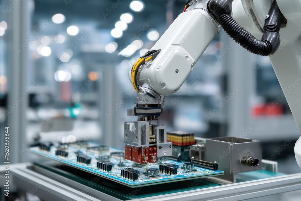 Poster robotic arm assembling electronic components with precision in a high-tech manufacturing facility.