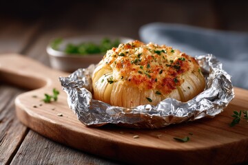 Baked sweet onion wrapped in foil, seasoned with herbs and butte