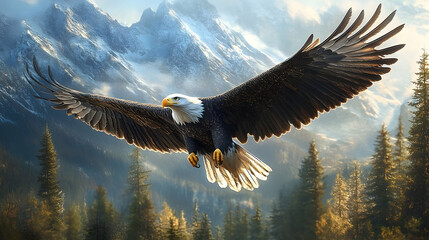 Majestic eagle soaring above snow-capped mountains.