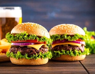Two juicy burgers on a wooden table