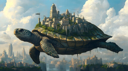 A city rests atop a giant turtle, floating above a landscape of other cities.