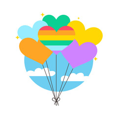 Colorful Heart Balloons Floating Against Blue Sky and Clouds with Sparkling Accents Celebrating LGBTQ Pride and Unity