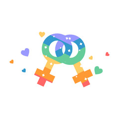 Intertwined Rainbow Pride Female Symbols with Colorful Hearts