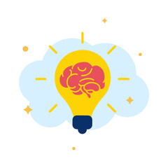 Yellow Light Bulb with Brain and Sparkle Elements Representing Creativity and Bright Ideas