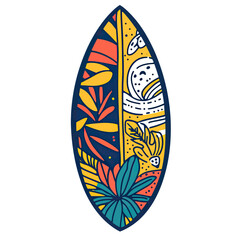 Colorful surfboard vector illustration with abstract tropical patterns, leaves and geometric shapes in flat minimalist style on white background