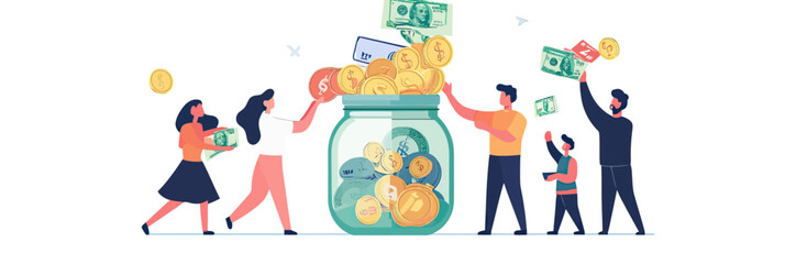 Fototapeta premium People donating money and coins into large transparent jar for charity fundraising and financial support concept in flat minimalist vector style