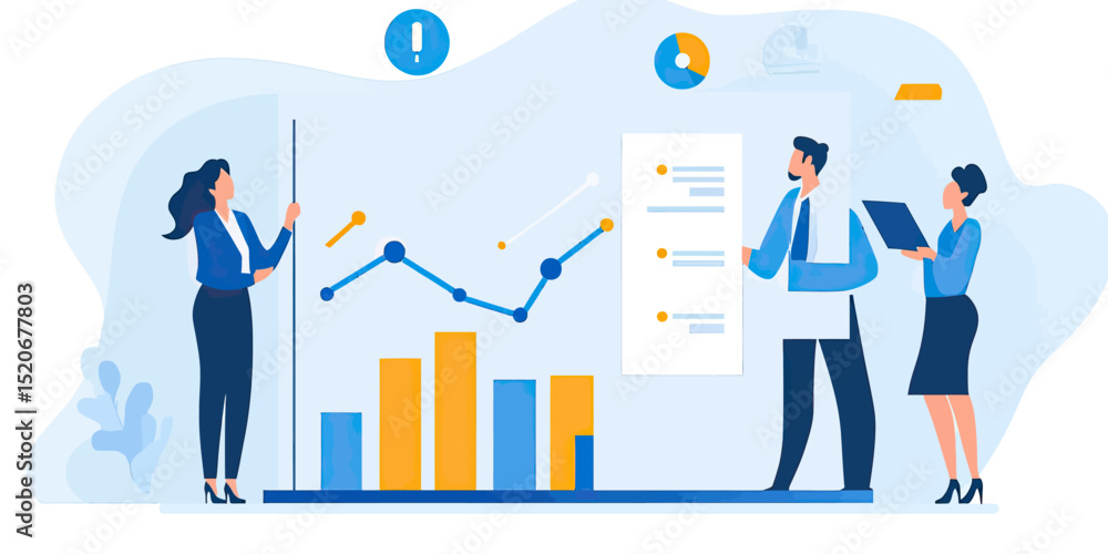 Aufkleber business team presenting marketing strategy with bar chart line graph data analysis people discussin