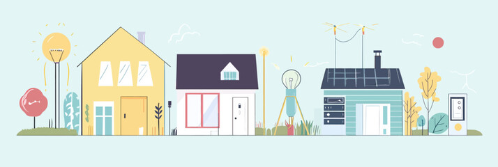Sustainable energy saving homes with eco friendly light bulbs smart thermostat solar panels and environmentally conscious neighborhood vector illustration